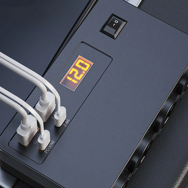 🔌120W Car Charger Adapter – 4 USB Ports (PD 30W + QC 3.0) + 3 Sockets, Real-Time Voltage Display! 🚗⚡ - Image 3