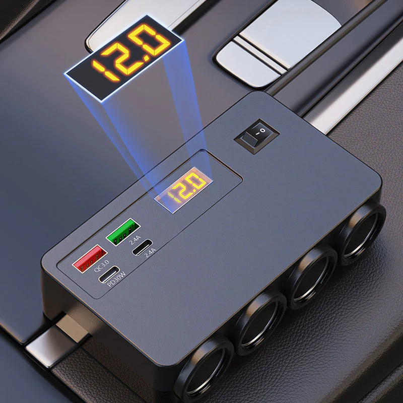 🔌120W Car Charger Adapter – 4 USB Ports (PD 30W + QC 3.0) + 3 Sockets, Real-Time Voltage Display! 🚗⚡ - Image 4